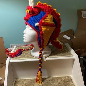 Hand crocheted dragon winter hat.